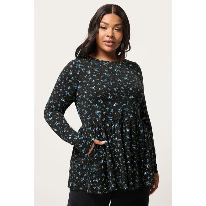 Yours Blauwe Peplum Top Met Bloemenprint Size 44