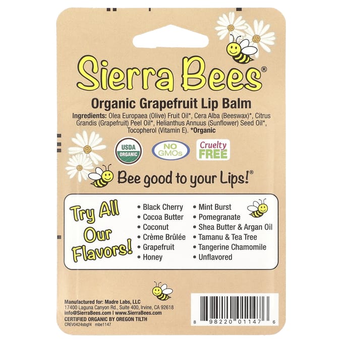 Sierra Bees, Biologische Lippenbalsem, Grapefruit, 4-pak, 4,25 g (4,25 gram) Elk yellow
