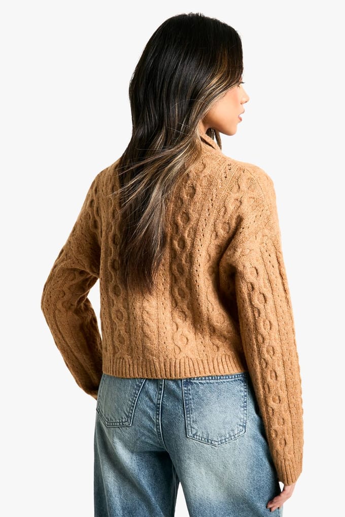 boohoo Dames Cable Knit Collaredetail Cardigan | Camel | Maat: Small