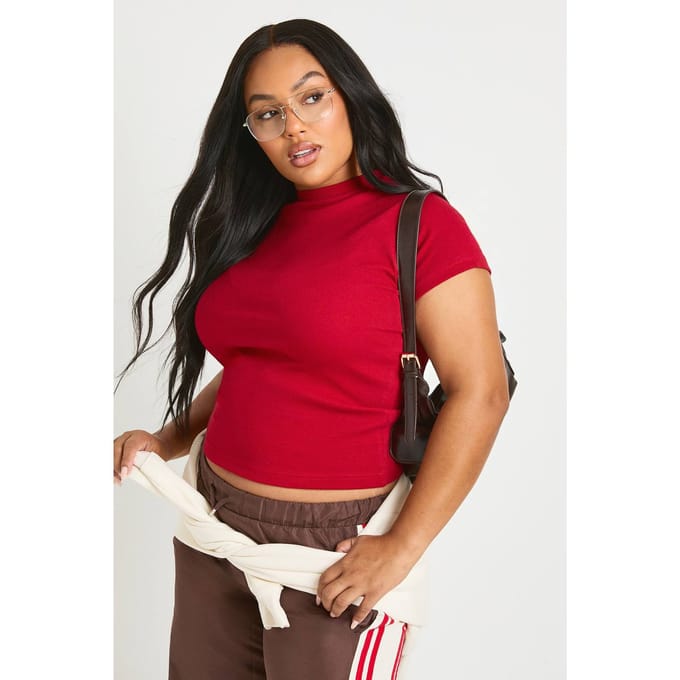 boohoo Dames Plus Rib Korte Mouw Getailleerde Top | Rood | Maat: 46