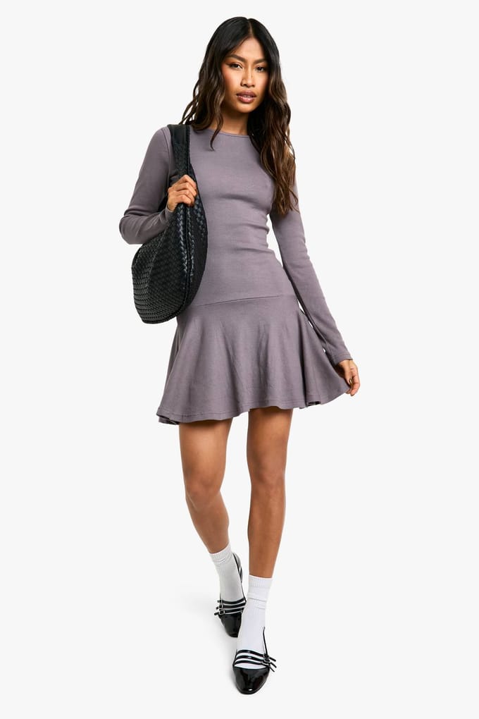 boohoo Dames Rib Dropped Hem Skater Dress | Grey | Maat: 10