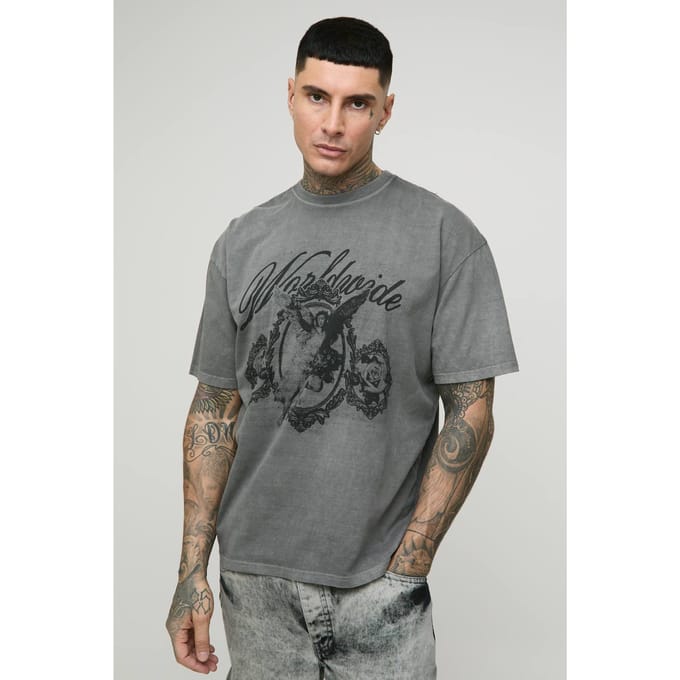 Lang Oversized Renaissance Print Gewassen Print T-Shirt | Charcoal | Size Medium