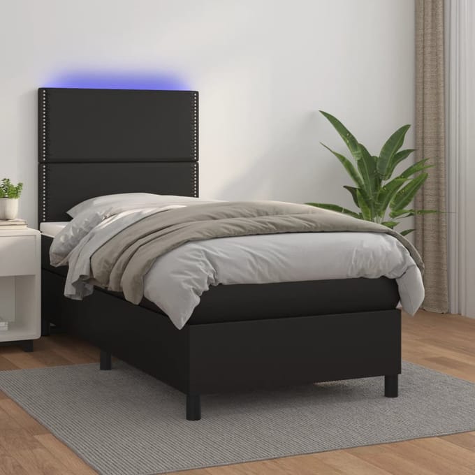 vidaXL - Boxspring - met - matras - en - LED - kunstleer - zwart - 100x200 - cm