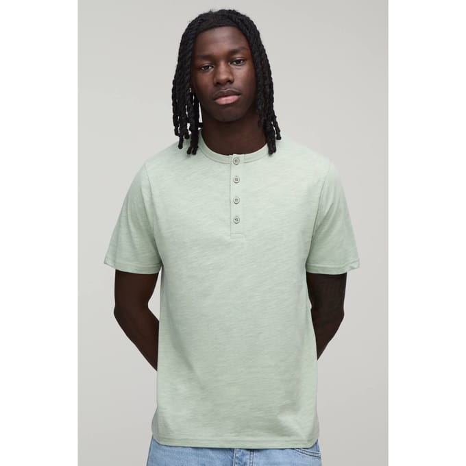 Slim Fit Slub Henley T-Shirt | Sage | Size Small