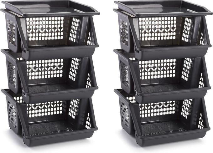 Plasticforte Opbergkrat - 2x - grijs - 3 vakken - 62 cm - Stapelkratten - Stapelbare manden