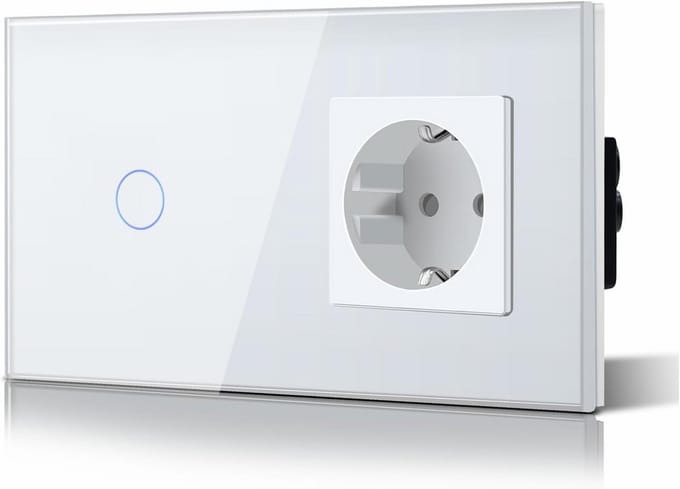 Touch Light Switch with Earthed Socket – Recessed Design, Crystal Glass Plate – Light Switch & Wall Socket – 157 mm – White