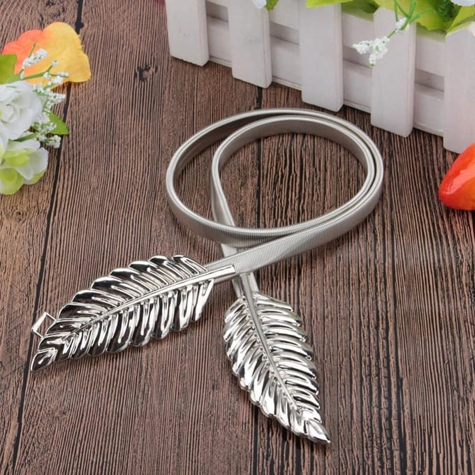 Elastische Taille Riem - Modieuze Vrouwen Taille Riem – Tailleriem Jurk Accessoire - Motief Blad – Modieuze Elastische Taille Riem Dames – Zilver