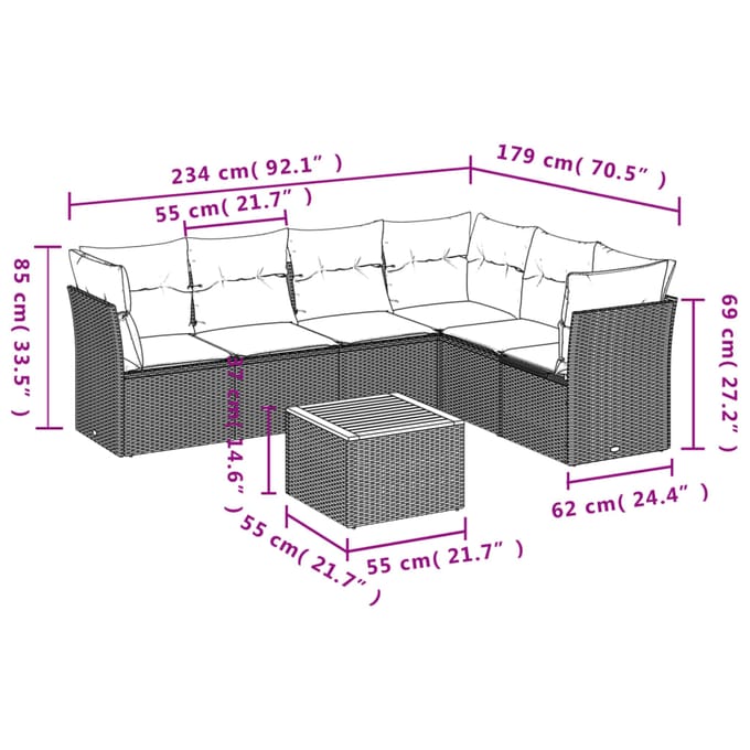 vidaXL - 7-delige - Loungeset - met - kussens - poly - rattan - grijs