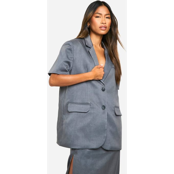 boohoo Dames Marl blazer met schoudervulling, korte mouwen, oversized en lange snit | Houtskool | Maat: 34