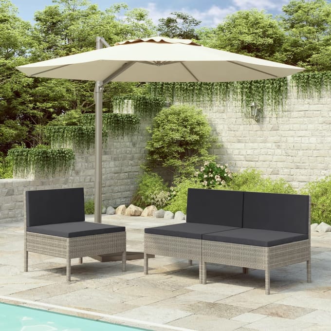 vidaXL - Tuinstoelen - 3 - st - met - kussens - poly - rattan - grijs