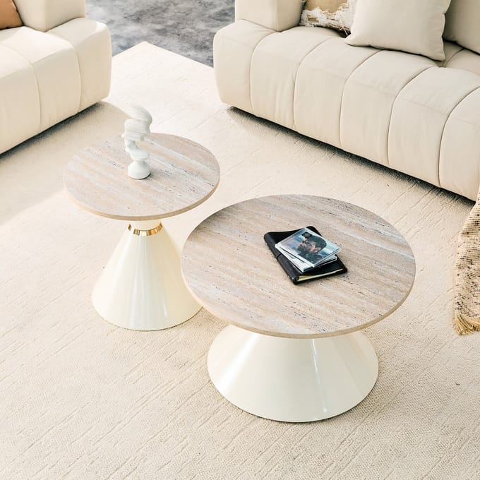 Salontafel set van 2 - Ruimtebesparend - Travertin look tafelblad - Woonkamer - Houtkleur
