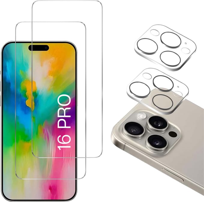 Screenprotector geschikt voor iPhone 16 Pro - 2 stuks Beschermglas van glas Transparante glazen schermbeschermfolie + 2 stuks Camera Protector