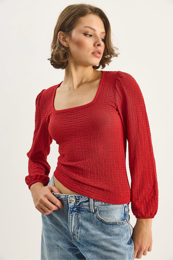 Slim Fit Vierkante Kraag Textuur Blouse