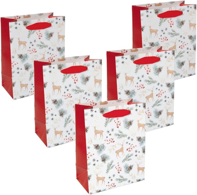 Set van 5 Luxe Cadeauzakjes, Wit/Goud/Rood, Zijden Lint, 18x23x10cm