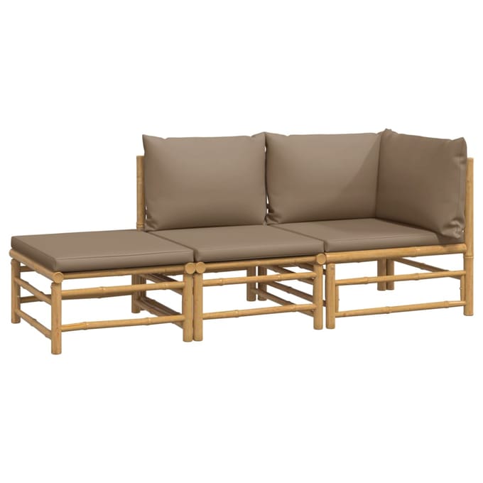 vidaXL - 3-delige - Loungeset - met - kussens - bamboe - taupe