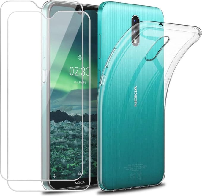 Silicone hoesje transparant met 2 Pack Tempered glas Screen Protector Geschikt voor: Nokia 2.3