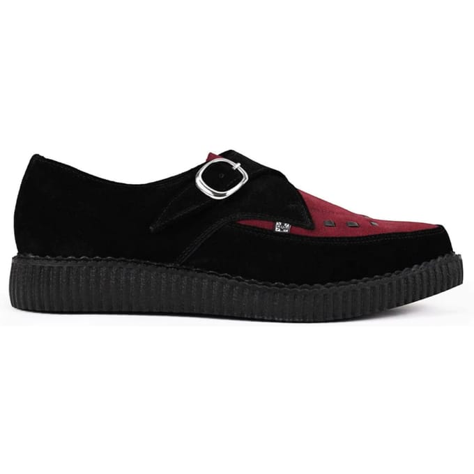 TUK Pointed Creeper Black Burgundy Suede Monk Buckle Platform Shoes - A9592