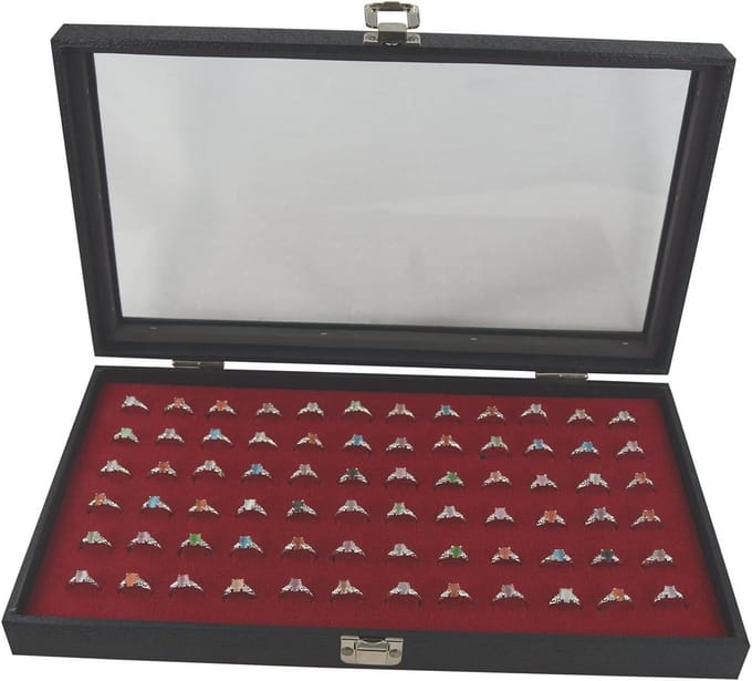 Ring Display Koffer - Sieraden Presentatie - Juwelier Opslag - Glazen Deksel - 37.5 cm - Rood