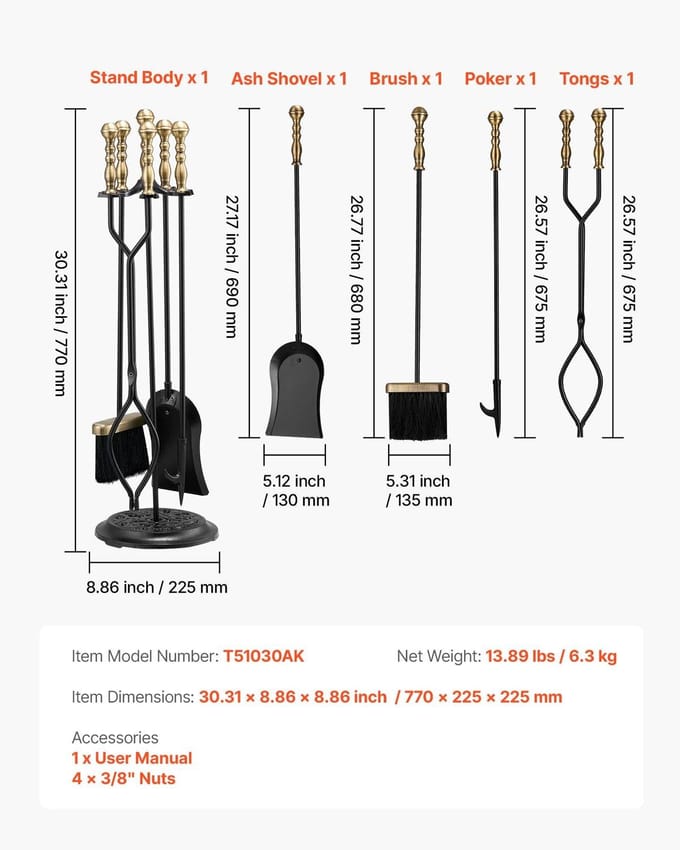 Haardgereedschap Set, 5 Delige Haardgereedschap Set en Houder met Vijf-Tand Standaard, Tangen, As Schepje, Borstel, Haard Pook, Gesmeed IJzeren Haard