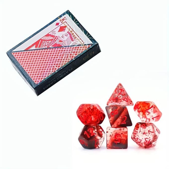 Ensemble de 7 dés et un jeu de cartes à jouer Dés multicolores Flash Point Dés multi-faces Plastique Imperméable Jeu Poker Jeu de table Ensemble de loisirs rouge
