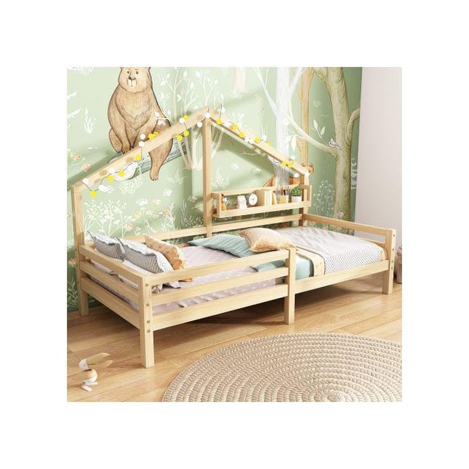 Kinderbed - MUVOE - Bed met plank - 90x200 cm - Massief hout - Scandinavische stijl