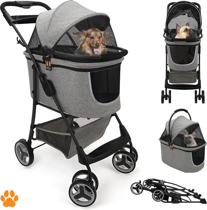 2-in-1 Huisdierenbuggy met Afneembare Mand - Mottled Grey