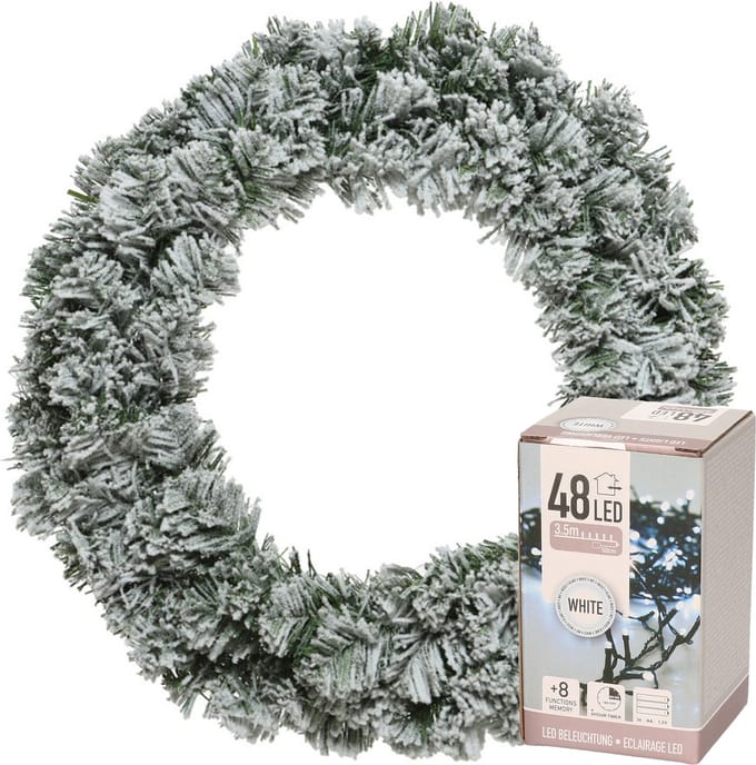 Decoris Kerstkrans - groen met sneeuw - D35 cm - incl. verlichting helder wit