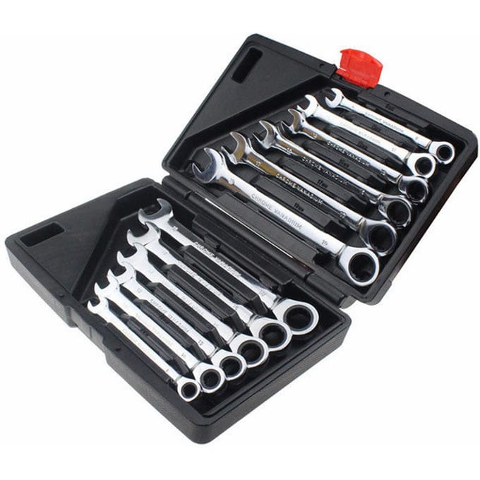 Ratelsleutelset, 12 stuks chroom-vanadiumstaal 8-19 mm flexibele kop en vaste kop, dubbel gebruik 12Pcs & Fixed head black
