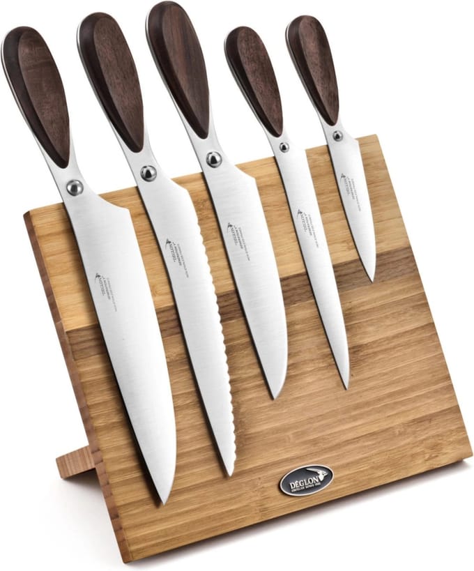 Déglon 5-delige messenset – Magnetisch bamboe blok – Walnootfineer – Stijlvol en functioneel – 26x15x21 cm