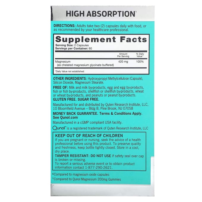 Qunol, Magnesium, Extra Sterkte, 420 mg, 120 Capsules (210 mg per capsule)