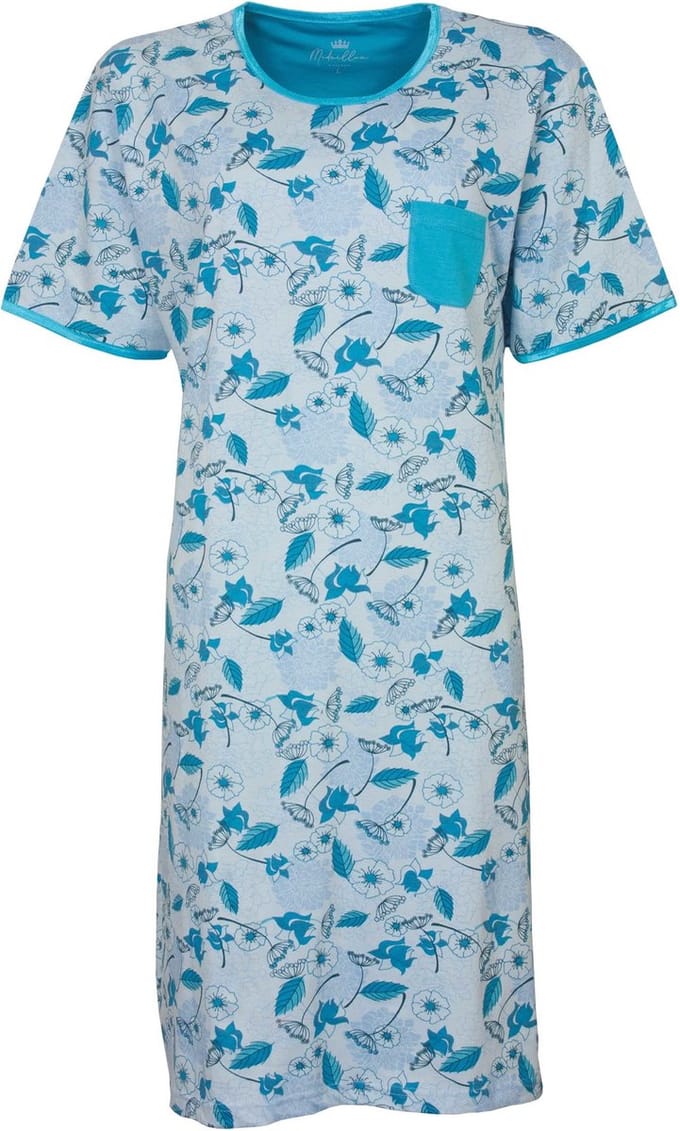 Medaillon Dames Nachthemd - Bloemendessin - Licht Blauw - Maat S