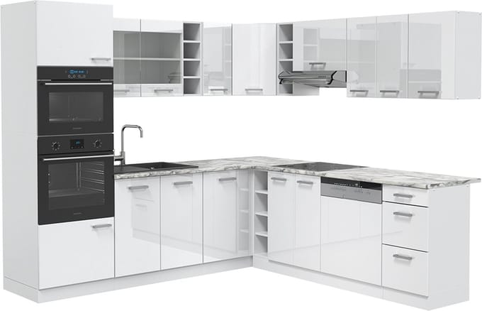 Vicco Hoekkeuken R-Line, Wit Hoogglans/Wit, 247 x 237 cm, WB Marmer