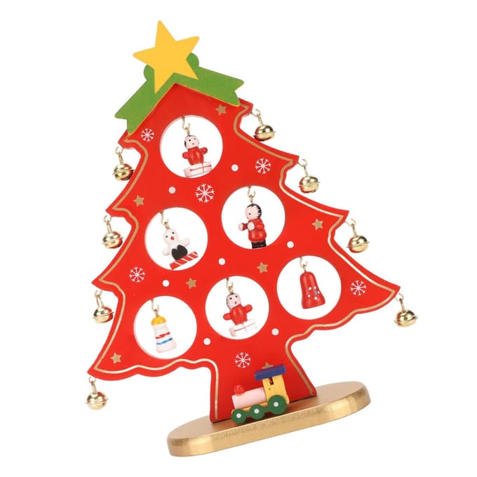 Décoration de Table Arbre de Noël en Bois Arbre de Noël de Bureau avec Mini Ornements pour Table rouge