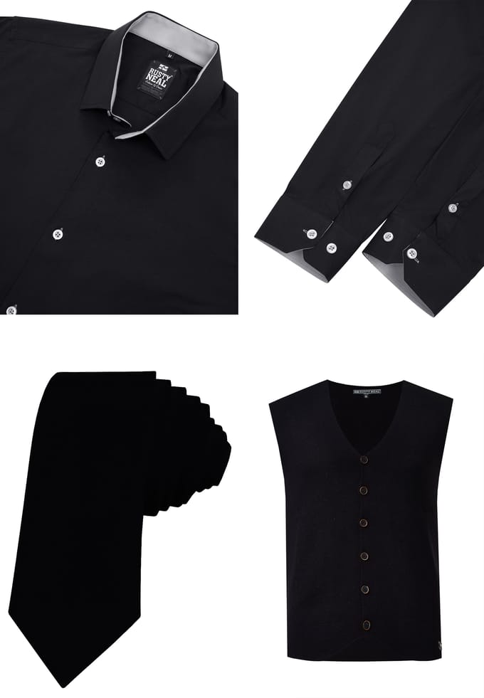 Driedelig pak met overhemd, vest en stropdas