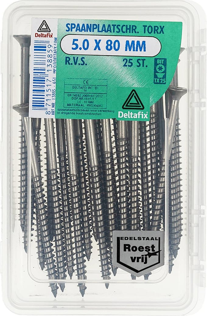 Deltafix spaanplaatschroef platkop / torx r.v.s. a2 5.0 x 80 mm 25 st.