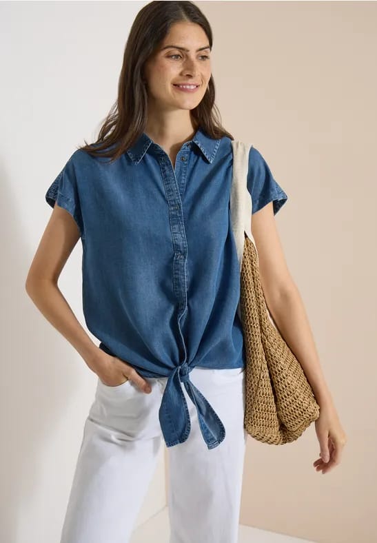 Overhemdblouse met afhangende schouders in denimlook
