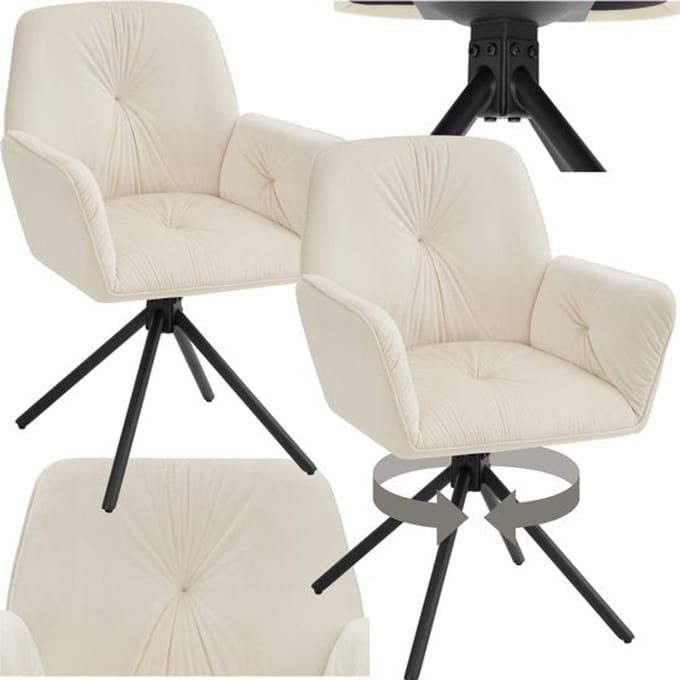 tectake® Draaifauteuil Lenia - Set van 2 Draaifauteuils met Armleuning - Draaibare Eetkamerstoel - Draaibare Fauteuils - Gestoffeerd - Fluweellook Crème/Zwart