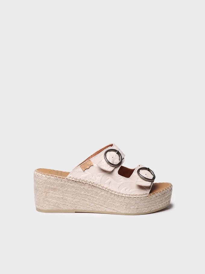 Dames espadrille zonder achterkant van leer met jute sleehak | IDOIA