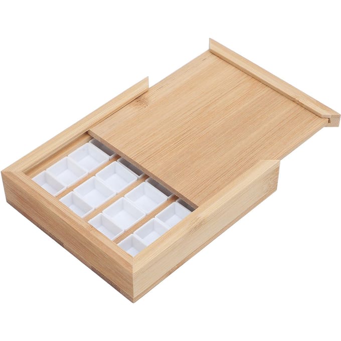 Waterverf Paletbak 24 Compartimenten Bamboe Hout Waterverf Mengbak met Deksel voor Reizen beige