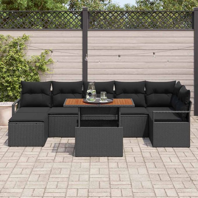 vidaXL Tuin Eettafel Set met kussen 8 pcs Zwart en Bruin
