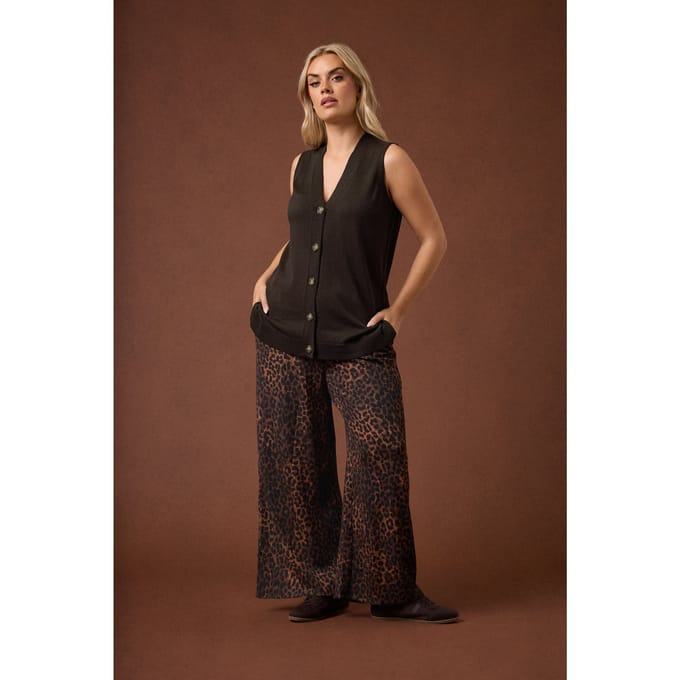 Yours Bruine Luipaardprint Crinkle Wijde Broek Size 58-60