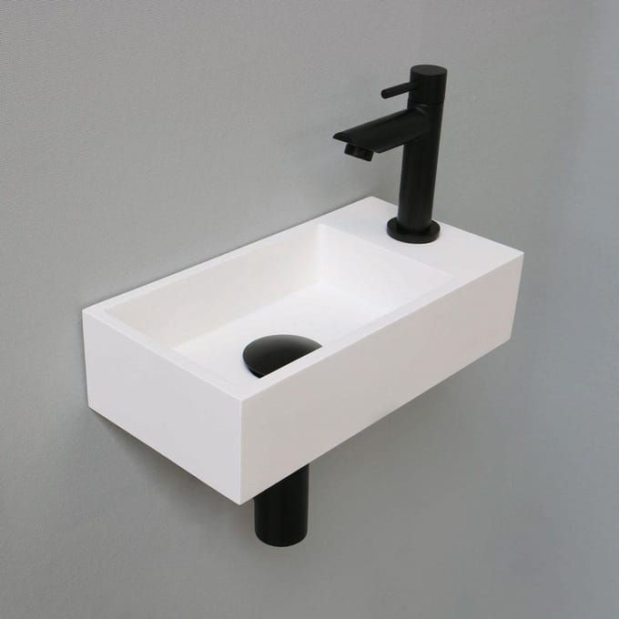 Fonteinset INK Versus Rechthoek Rechts 36x18x9cm Polystone Mat Wit Toiletkraan Sifon Plug Mat Zwart