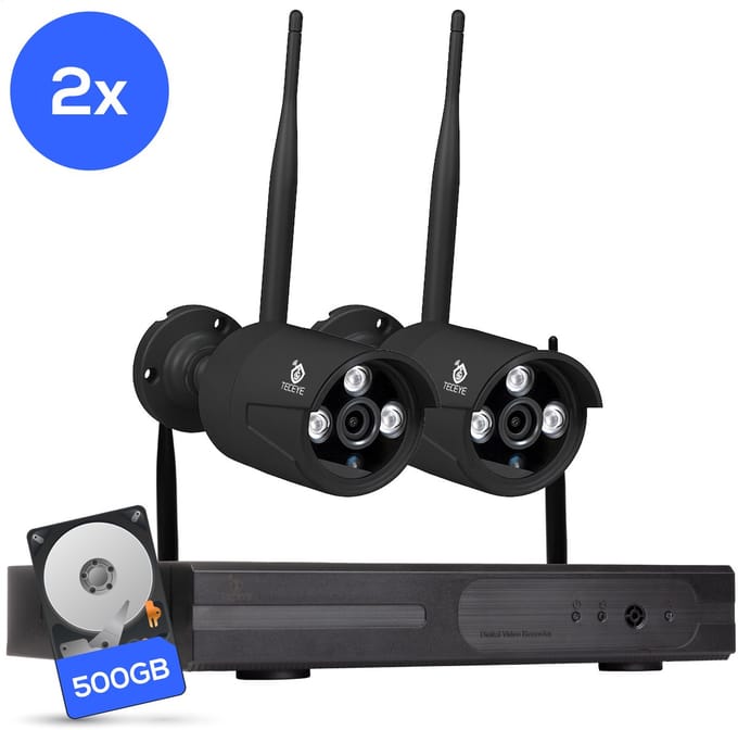 Teceye Bullet Beveiligingscamera Buiten met Recorder - Draadloze Buitencamera - 2 Camera - 500GB Opslag