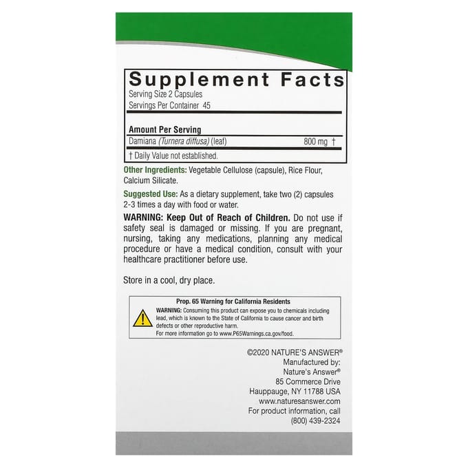 Nature'S Answer, Damiana, 800mg, 90 Vegetarische Capsules (400 mg per capsule)