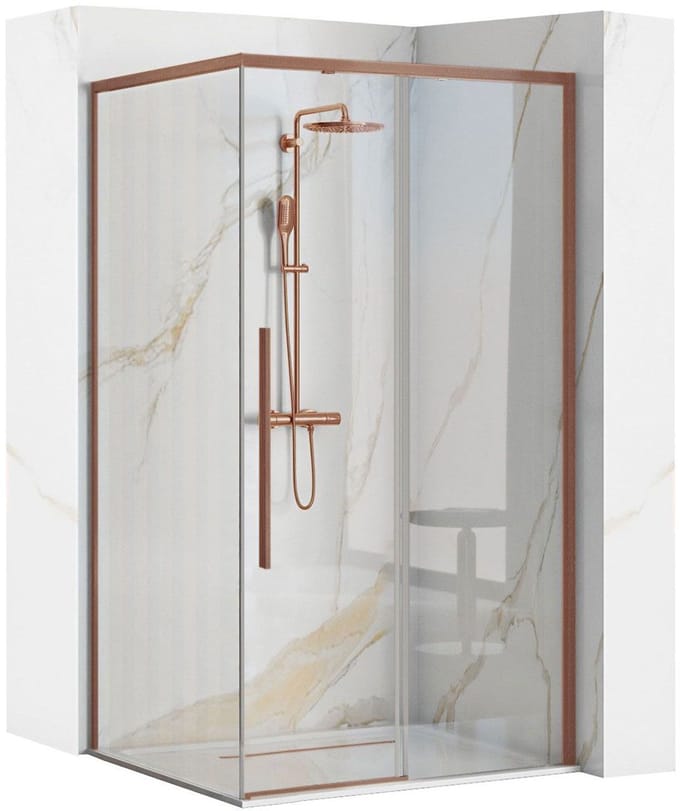 Rea Solar Brush Copper + Douchebak Savoy White 90X90 - Douchecabine - 195 Cm - Geborsteld Koper