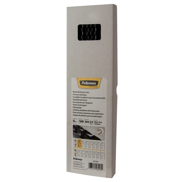 Fellowes Bindruggen plastic - 6mm - 21 ringen - tot 20 vel - A4 - Zwart - 100 stuks