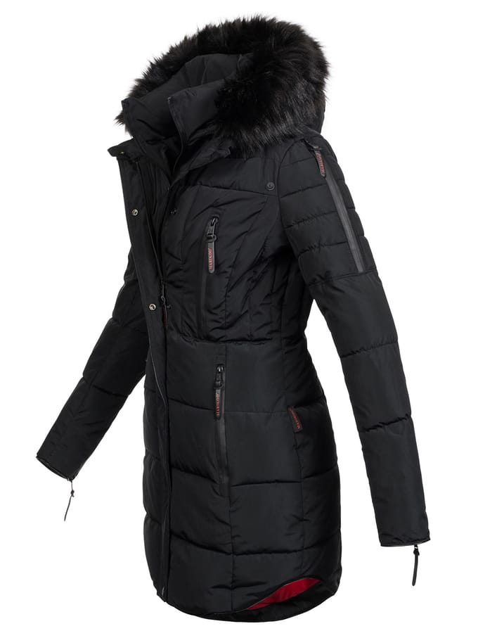 Marikoo lange dames winterjas Moonshine met imitatiebontkraag & teddyvoering