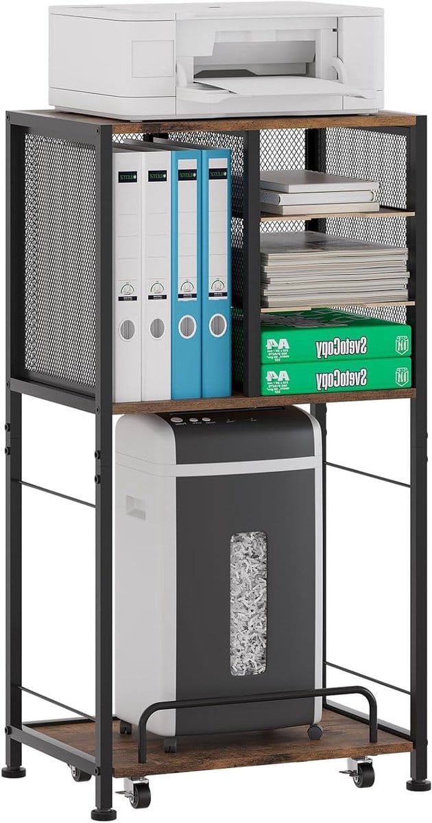 Printerstandaard met 4 Compartimenten van Metaal en Hout, A4 Formaat, Verstelbare Uittrekbare Plank voor Copier en Scanner, Bruin