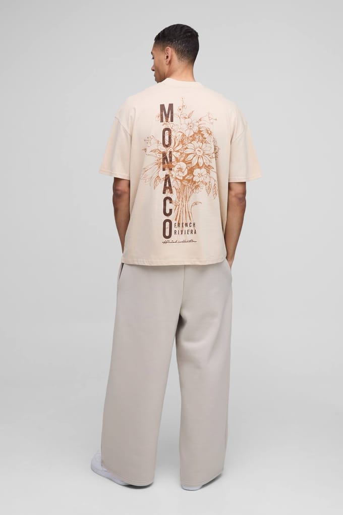Oversized Extended Neck Monaco Floral Printed T-Shirt | Sand | Size Medium