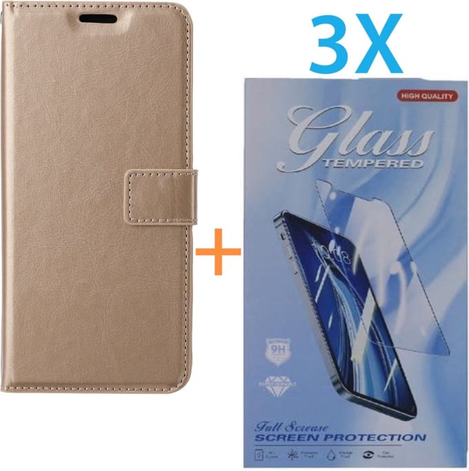 Bookcase Geschikt voor: Apple iPhone 16 Plus - Goud - portemonnee hoesje - + 3X Tempered Glass Screenprotector